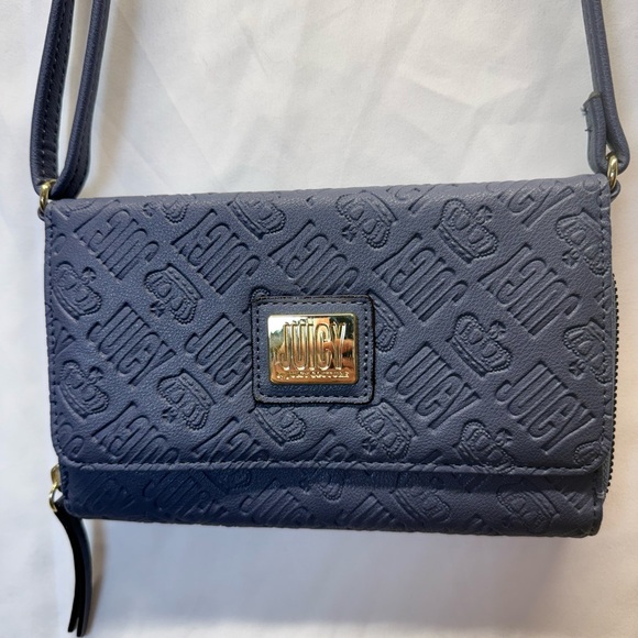 Juicy Couture Handbags - Juicy Couture Slate Blue Cross Body Wallet Purse 12 CC Slots Zips Close Embossed